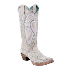 Style number: A4504. White full grain leather upper & foot. Heart with wings embroidery on shaft & foot. Studded embellishments. Pull tabs for easy on. 13 inch shaft height. Leather lining. Snip toe shape. Goodyear welt construction. Leather sole. 2 inch heel height. Wings Overlay, White Western Boots, Wings Embroidery, Heart Wings, Boots Store, Corral Boots, Heart With Wings, Summer Work, Rubber Boots