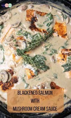 baked salmon with mushroom cream sauce in a skillet