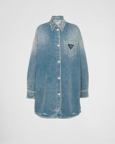 Oversized fit Washed denim Unlined Shirt collar Long sleeves Patch pocket Contrasting stitching Enameled metal triangle logo Center-back length: 88 cm; Size: 38 Denim Shirt Women, Oversized Denim Shirt, Contrasting Stitching, Airport Fashion, Triangle Logo, Washed Denim, Designer Jeans, Shirt Collar, Oversized Shirt