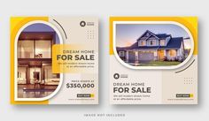 a set of two real estate flyers with an image of a house in the background