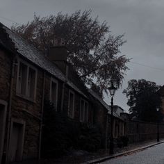 an empty street in the rain with houses on either side and a lamp post at the end