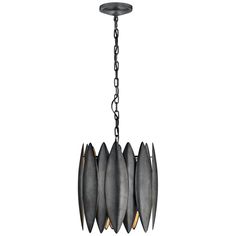 a black chandelier with five lights hanging from it's center and four petals in the middle