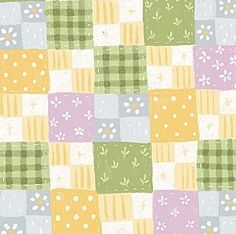 a colorful patchwork pattern with flowers and leaves on the top, in pastel colors