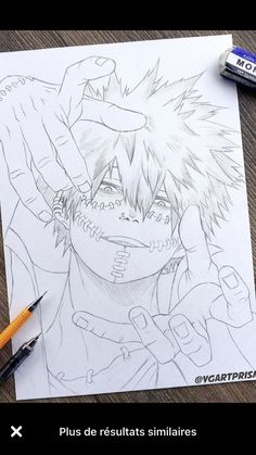 a drawing of an anime character with two hands on his head