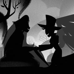 an animated image of two people in the woods, one with a hat on his head