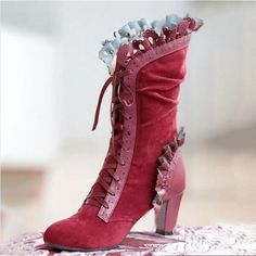 Step up your style game with these bold and beautiful Lace-Up Combat Boot Women Ruffle Design Ethnic Shoes! Boasting a unique ruffle design with heavy rub lace-up detailing, these shoes will up your glam factor and give your look an unmistakable edge. Dare to be different - are you ready to make a fashion statement? Botas Goth, Steampunk Boots, Lace High Heels, Heel Boots For Women, Goth Boots, High Heel Stiefel, Leather High Heel Boots, Cosplay Boots, Lace Up High Heels