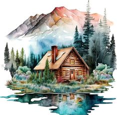 a painting of a log cabin in the woods with mountains behind it and water reflecting on the lake