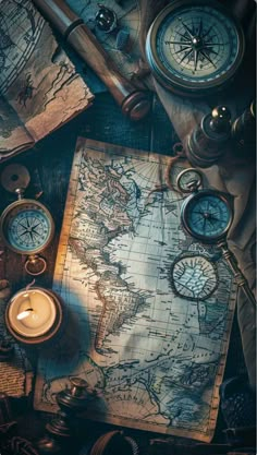 an old world map with compass, candles and other items