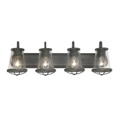 three light bathroom fixture with clear glass shades on the top and bottom, in an industrial style