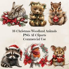 Bring the magic of the holidays to your creative projects with our delightful Christmas Woodland Animal Clipart Set! This collection features 16 charming designs, including a cheerful raccoon, playful fox, wise snowy owl, and more, all dressed in festive attire. Perfect for holiday cards, invitations, scrapbooking, or digital art, these high-quality illustrations capture the essence of a cozy winter wonderland. Each clipart is carefully crafted to evoke the warmth and joy of the season, making t Rustic Woodland Christmas Decor, Vintage Labels Printables, Cute Forest Animals, Woodland Christmas Decor, Christmas Woodland, Cute Forest, Festive Attire, Christmas Forest, Woodland Christmas