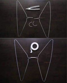 two pictures with scissors and an object in the shape of a man's torso