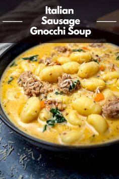 italian sausage gnocchi soup in a black bowl