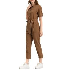 This ankle-length jumpsuit in a cotton weave with a grandad collar, buttons down the front to the waist, and open chest pockets. Gently dropped shoulders, short sleeves with a tab and D-rings, and a seam at the waist with elastication at the sides and detachable tie belt. With the design of the self-tie belt, it can accentuate your graceful figure. Perfect to pair with strappy heels and delicate earrings. Made from cotton fabric, this comfy jumpsuit is your good choice for Daily Wearing, Weekend Gathering, and Office Day. Please check your measurements to make sure the item fits before ordering. Measurement (in inches) Size------Chest Girth------Waist Girth------Hip Girth------Shoulder Width XS------------35 7/8-----------28 3/4-----------39 3/4-----------19 5/8 S--------------37 3/4------ Casual Short Sleeve Jumpsuits And Rompers With Buttoned Pockets, Button-up Jumpsuits And Rompers With Buttoned Pockets For Spring, Spring Button-up Jumpsuits And Rompers With Buttoned Pockets, Casual Collared Jumpsuits And Rompers For Work, Spring Short Sleeve Jumpsuits With Buttoned Pockets, Collared Jumpsuits And Rompers With Pockets, Casual Collared Cotton Jumpsuits And Rompers, Casual Cotton Collared Jumpsuits And Rompers, Casual Cotton Button-up Jumpsuits And Rompers