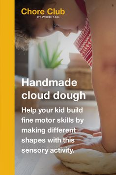 a woman bending over on top of a doughnut with the words, handmade cloud dough help your kid build fine motor skills by making different shapes with this sensory activity