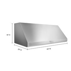 an image of a stainless steel range hood with measurements for the top and bottom section