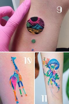 the different tattoos are being displayed on someone's arm and leg, including one giraffe