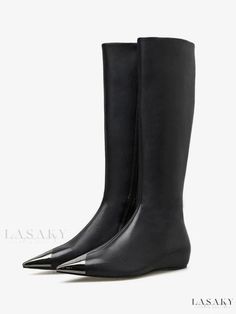 Lasaky - Womens Flat Knee Length Black Pointed Toe Knee High Boots Thigh High Boots Summer, Flat Knee High Boots, Vintage Shoes Men, Black Pointed Toe Flats, Knee High Boots Black, Boots For Woman, Knee High Boots Flat, Spike Shoes, Groom Shoes