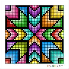 a cross stitch pattern with different colors and shapes on the front, in black background