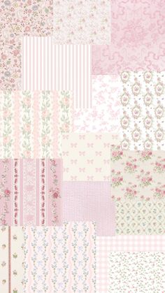 a pink and white wallpaper with many different patterns