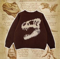 a knitted sweater with an image of a dinosaur's head on the front