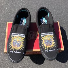 Rock out with these custom Sublime all black slip on vans. We buy each pair of shoes BRAND NEW. Each pair is made to order, please make sure you put in the correct shoe size before you check out. The ink is permanent and will never come off, fade away, or peel off. Made in the USA. This price includes everything: shoes and artwork. Each pair of shoes is made-to-order and takes 2-3 weeks to ship usually. Because the artwork is custom-made for you, there are no exchanges or returns. Please know yo Custom Slip-on Sneakers For Skateboarding, Custom Slip-on Skateboarding Sneakers With Rubber Sole, Streetwear Slip-ons With Rubber Sole And Round Toe, Black Slip-ons With Vulcanized Sole For Streetwear, Summer Streetwear Slip-ons, Black Slip On Vans, Slip On Vans, Black Slip On, Shoes Brand