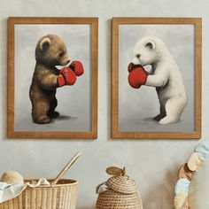 "Step into a Whimsical Boxing Match - Vintage Boxing Bears Wall Art - Immerse your child's room in a world of imagination and excitement with our Vintage Boxing Bears Wall Art. This captivating set of two prints features a thrilling boxing match between a brown bear and a polar bear. The vintage-inspired design adds a touch of nostalgia and authenticity, while the vibrant colors of brown, gray, white, and red bring the artwork to life. Ignite your child's imagination and create a unique and adventurous ambiance with these vintage boxing bear prints. 🖼️🎨🌿 Vintage Charm Meets Playful Spirit - Boy's Room Decor - Add a touch of vintage charm and playful energy to your boy's room with our Vintage Boxing Bears Wall Art. The combination of vintage-inspired artwork and the dynamic boxing theme Boxing Room Design, Boxing Nursery Theme, Boxing Bedroom, Bear Nursery Wall Decor, Bear Wall Art Nursery, Cool Boys Room, Wall Art Cool, Vintage Boxing, Cool Boys