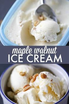 two pictures of ice cream with nuts in it and the words maple walnut ice cream