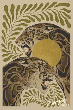 two tigers are in the middle of a painting with green and yellow leaves on it