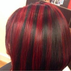 Red Skunk Highlights, Red Hair With Black Highlights, Red And Black Highlights, Red With Black Highlights, Black Hair With Red Highlights, Skunk Hair, Red Hair With Highlights, Black Red Hair, Short Dark Hair