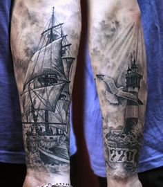 two people with tattoos on their legs, one has a ship and the other has a seagull