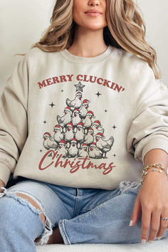 • Super soft material • Comfortable to wear • High quality prints • 50% cotton, 50% polyester Introvert Outfits, Christmas Chicken, Christmas Farmhouse, Boutique Trends, Christmas Pjs, Sweatshirt Christmas, Color Care, Christmas Sweatshirts