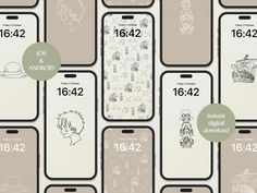 several cell phones with cartoon characters on them, all showing the numbers and date for each phone