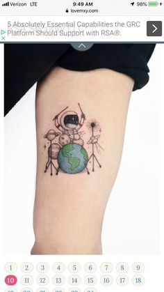 a small tattoo on the leg of a person with an astronaut and earth in the background