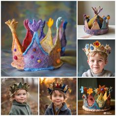 several photos of children's crowns made from felt