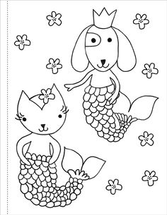 a mermaid and her cat coloring page with flowers on the ground, one is black and white