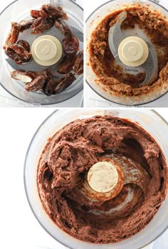 three pictures showing how to make chocolate cake in a food processor