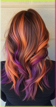 Fall Vibe Hair Color, Brown Roots Orange Hair, New Fall Hair Colors 2024, Chestnut Red Hair With Highlights, Fun Fall Colors For Hair, Halloween Highlights Hair, Fall Leaf Hair Color, Orange Peek A Boo Hair, Balayage Hair Fun Colors