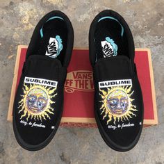 Sublime - All Black Slip On Vans Sublime Logo, Custom Slip On Vans, Black Slip On Vans, Custom Vans Shoes, Leather Front Pocket Wallet, Slip On Vans, Custom Nike Shoes, Front Pocket Wallet, Black Slip On