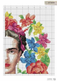 the cross stitch portrait of fridah with flowers on her head and behind it is an image of fridah's face