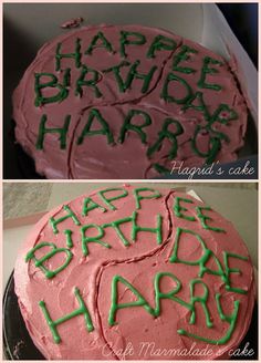 two pictures of a birthday cake with green frosting and the words happy birthday on it