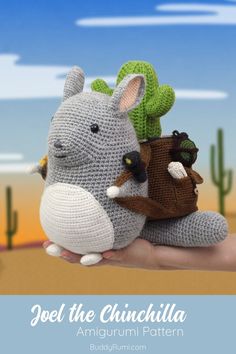 a hand holding two stuffed animals in front of a desert background with the words, yoel the chinilila amigurmi pattern