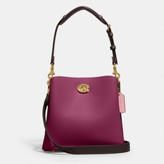 Women/ Handbags/ Shoulder Bags & Hobos Brass/Deep Plum Multi Willow Bucket Bag In Colorblock With Signature Canvas Interior Free Shipping & Free Returns Additional Details Style Number Ca095 Measurements Length: 9.25" Height: 8.75" Width: 4.25" Materials Polished Pebble Leather And Signature Coated Canvas Strap Detachable Short Strap With 8" Drop Detachable Long Strap With 21.5" Drop For Shoulder Or Crossbody Wear Features Turnlock Closure, Snap Closure Center Zip Compartment Inside Multifunctio Modern Purple Bag With Detachable Strap, Everyday Purple Shoulder Bag With Gold-tone Hardware, Coach Purple Bag With Adjustable Strap, Purple Bucket Shoulder Bag With Removable Pouch, Purple Bucket Shoulder Bag With Detachable Strap, Purple Travel Bag With Gold-tone Hardware, Travel Bag With Purple Color And Gold-tone Hardware, Purple Shoulder Bucket Bag With Removable Pouch, Purple Coach Shoulder Bag With Detachable Handle