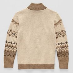 Featuring a moose fairisle design in earthy brown tones, this Thereabouts long-sleeve cardigan for little and big boys is a fun and cozy addition to his cold-weather and holiday season rotation. It's made from a soft cotton-knit and has a regular-fit, a full-zip front and a mock neck. Wear it with pants or jeans. Closure Type: ZipperFit: Regular FitNeckline: Mock NeckSleeve Length: Long SleeveApparel Length: 23 Inches - FrontFiber Content: 60% Cotton, 40% NylonFabric Description: KnitCollar: Zip Winter Brown Tops With Fair Isle Pattern, Winter Fair Isle Pattern Brown Tops, Brown Fair Isle Winter Top, Cozy Brown Tops With Fair Isle Pattern, Beige Fair Isle Pattern Tops For Winter, Beige Fair Isle Pattern Top For Winter, Beige Fair Isle Winter Tops, Beige Fair Isle Winter Top, Cozy Brown Fair Isle Pattern Top