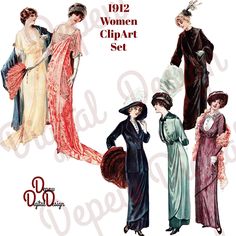 four women in dresses and hats from the 1920's, including one wearing a long dress