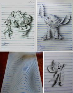 four different drawings of an elephant holding a baby in its arms and another drawing of the same animal on lined paper