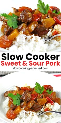 slow cooker sweet and sour pork on rice with parsley garnishes