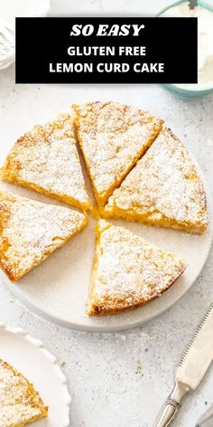 gluten - free lemon cake on a white plate with the title above it