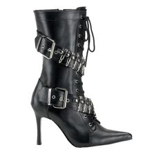 Black boot with lace-up front, buckle accents and bandolier bullet belt detailing. Halloween Boots, Witch Shoes, High Heel Stiefel, Gothic Boots, Ellie Shoes, Gothic Shoes, Army Boots, Pleaser Shoes, Boot Straps