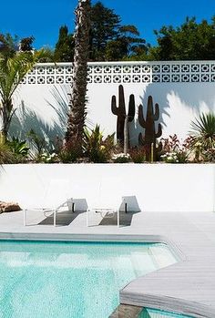 an outdoor swimming pool with lounge chairs and cacti