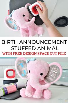 the birth announcement stuffed animal with crict easypress mini is shown in pink